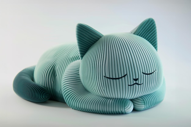 Gato de color turquesa cómico y lindo en posición acostada objeto 3D aislado sobre fondo blanco