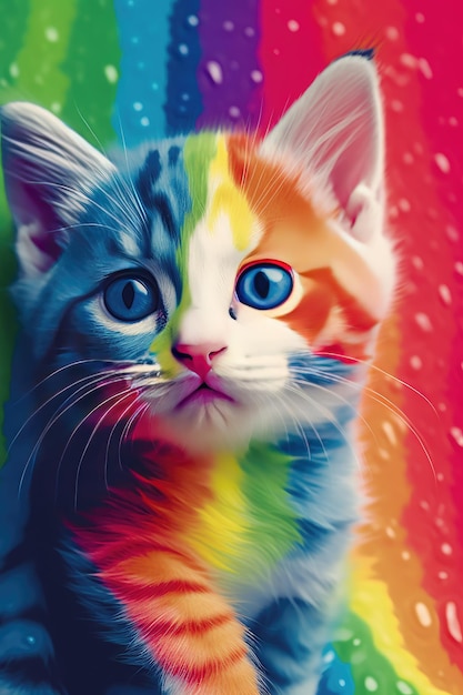 Un gato con los colores del arcoíris en la cara.