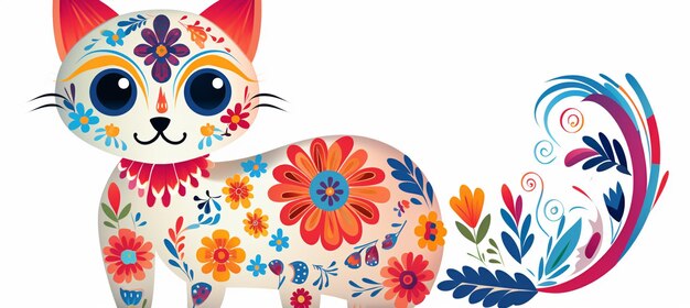 Foto gato de colores brillantes con diseño floral en el cuerpo y la cola