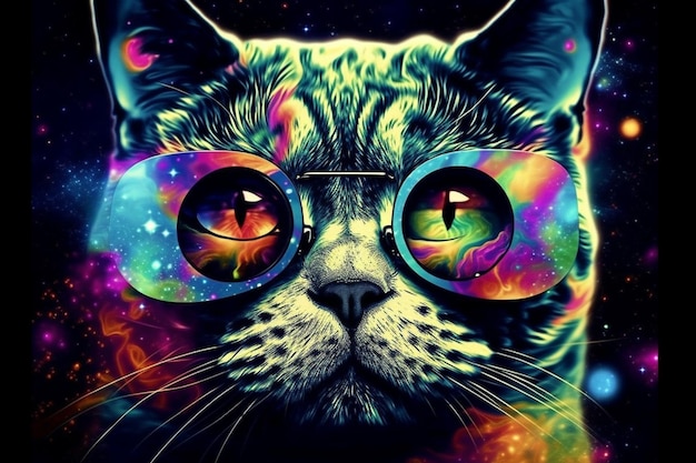 Gato de colores brillantes con gafas de sol frente a un fondo de galaxia ai generativo