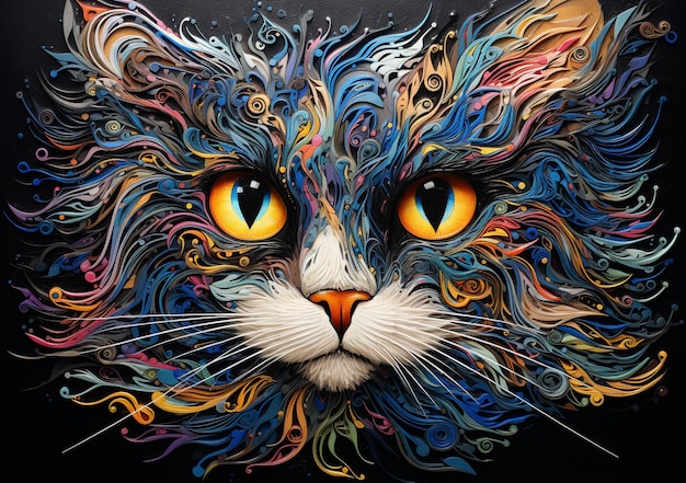 gato de colores brillantes con ojos amarillos y pelo giratorio