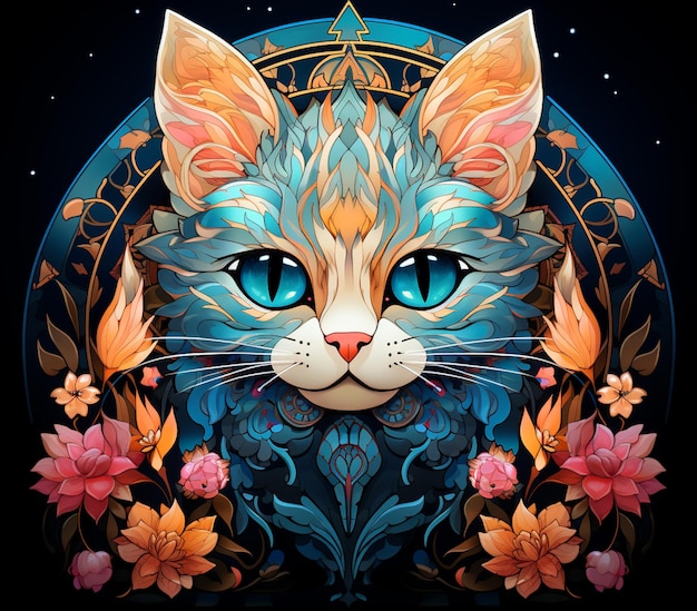 gato de colores brillantes con ojos azules y diseño floral sobre fondo negro ai generativo