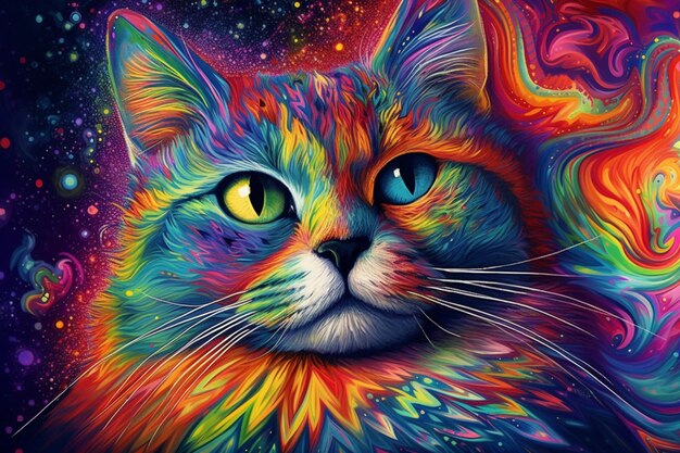 Gato de colores brillantes con ojos brillantes y coloridos remolinos generativos ai