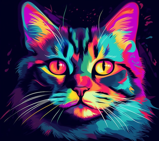 gato de colores brillantes con ojos brillantes sobre fondo negro ai generativo