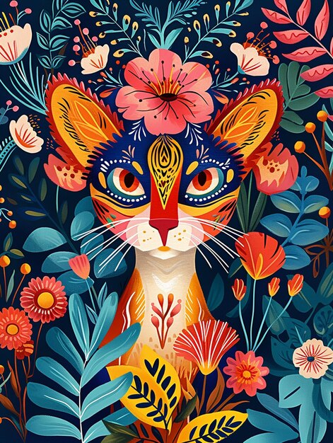 gato de colores brillantes rodeado de flores y hojas en un fondo azul oscuro