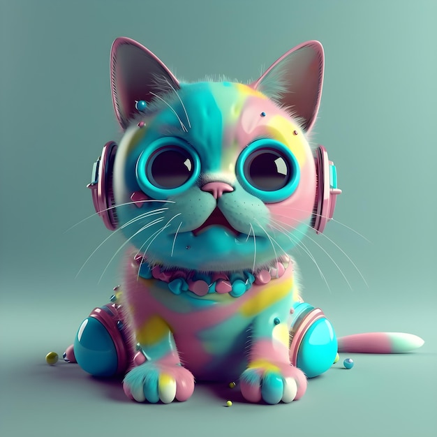 Un gato colorido con auriculares.