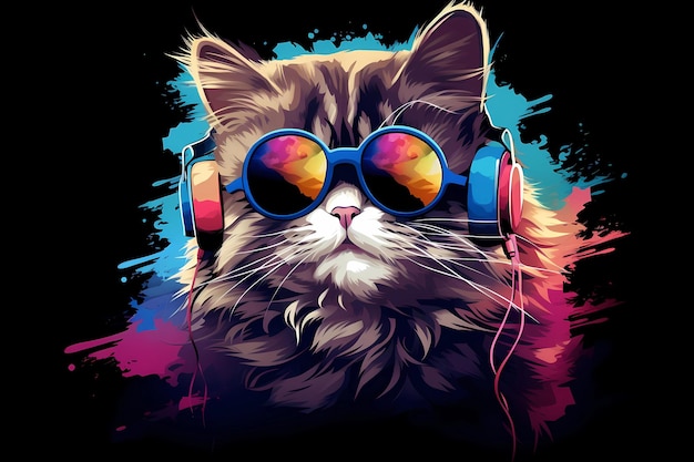 gato colorido com óculos e fones de ouvido