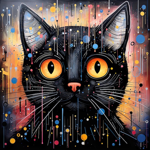 gato colorido em um fundo com geometria lúdica no estilo de pintura de precisão lúdica