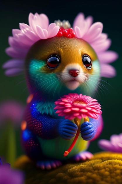 Un gato colorido con una flor en la boca.