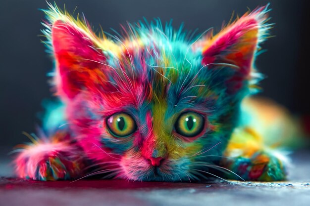 Gato colorido con ojos verdes acostado en el suelo
