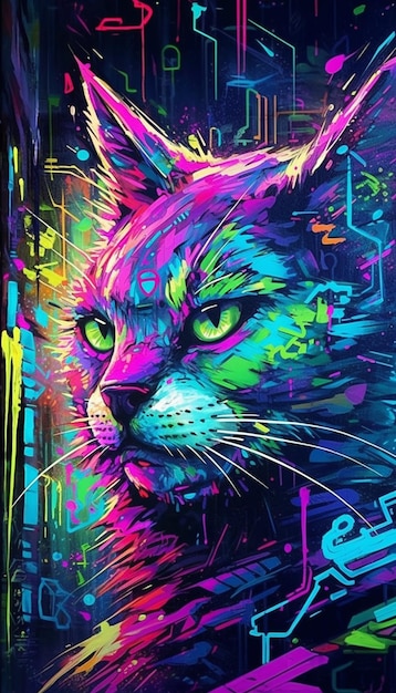 Un gato colorido con la palabra gato en él.