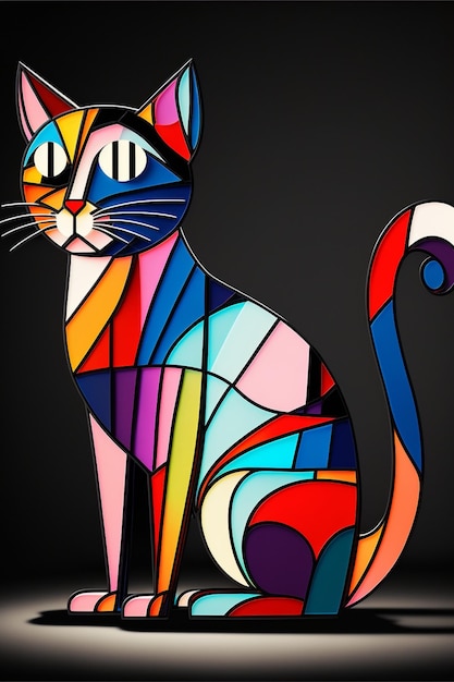 Gato colorido sentado na frente de um fundo preto generativo ai