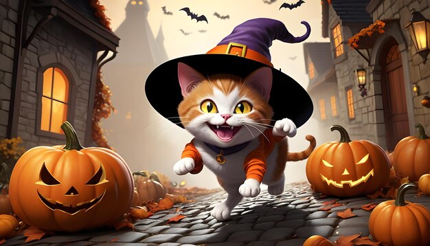 Foto gato com abóbora de halloween