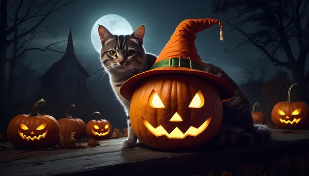 Foto gato com abóbora de halloween