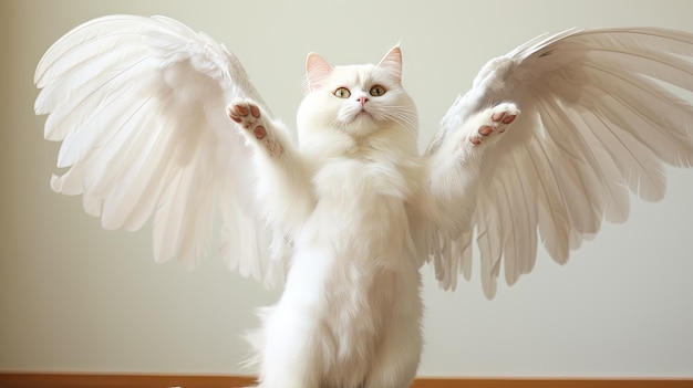 Foto gato com asas de anjo brincalhão engraçado gatinho bonito com asas de pássaro