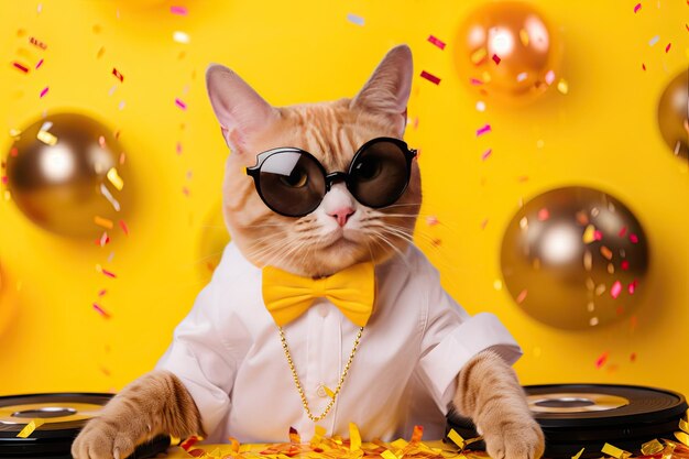 Foto gato com balões celebrando festa de aniversário sobre fundo amarelo