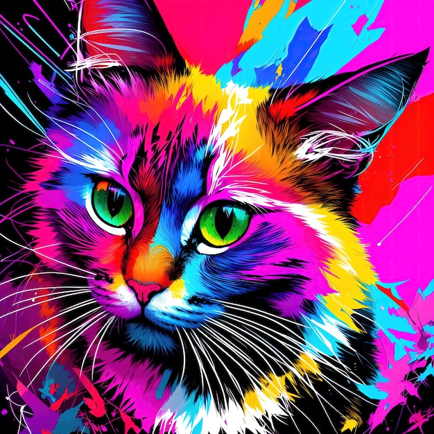 Gato com beleza abstrata olhando para a pintura digital de cores psicodélicas da câmera