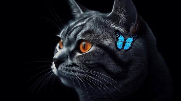 Gato com borboleta azul em um backgroundgenerative ai preto