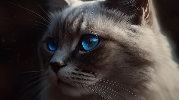 Gato com borboleta azul em um fundo preto generativo ai