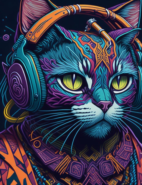 Gato com fones de ouvido coloridos