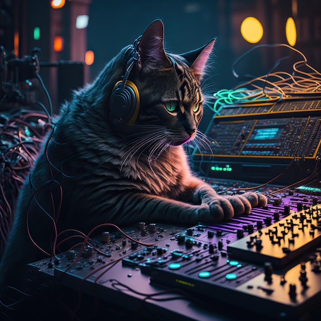 Gato com fones de ouvido e um console de DJ misturando música