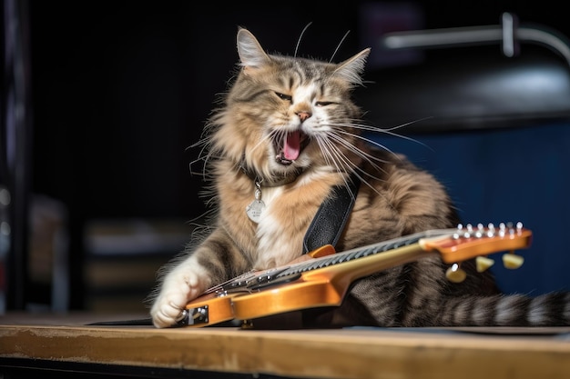 Gato com guitarra nas patas e sorriso cativante arrasando no palco criado com IA generativa