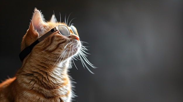 gato com maçã visão pro realidade virtual óculos de sol fundo sólido