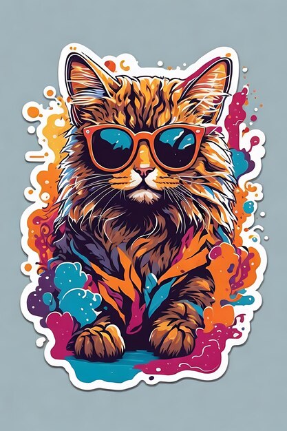 gato com óculos de sol Magic Splash Vector de adesivo de design plano colorido sem fundo