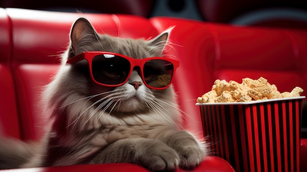 Gato com óculos sentado vendo um filme no cinema