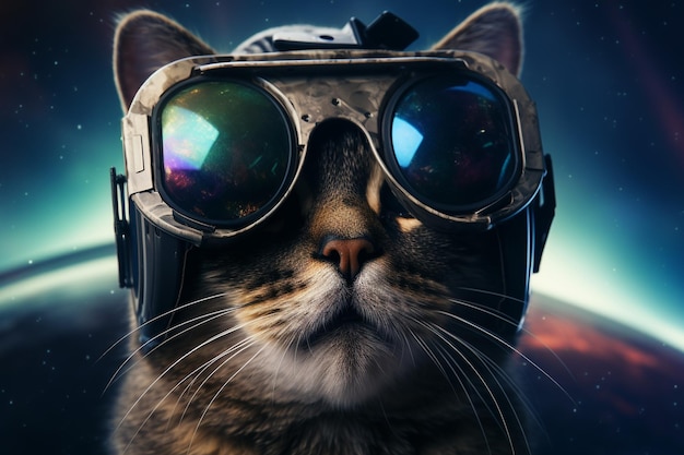 Gato com óculos VR no espaço