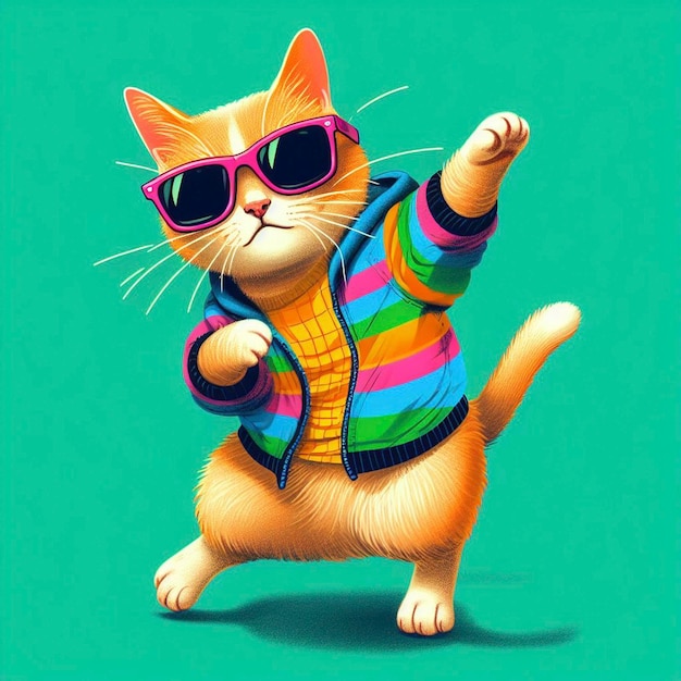 Gato com roupas coloridas e óculos de sol dançando no fundo verde