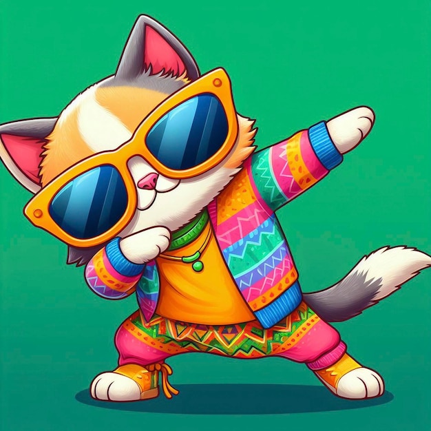 Gato com roupas coloridas e óculos de sol dançando no fundo verde