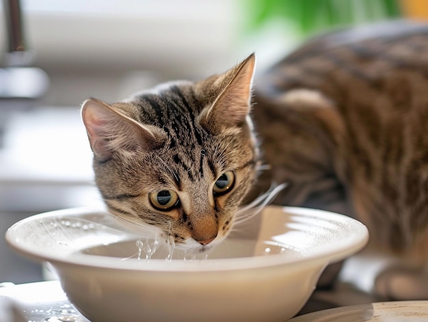 Gato com sede bebendo água