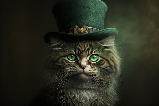 Gato com um chapéu irlandês verde em uma celebração do Dia de São Patrício