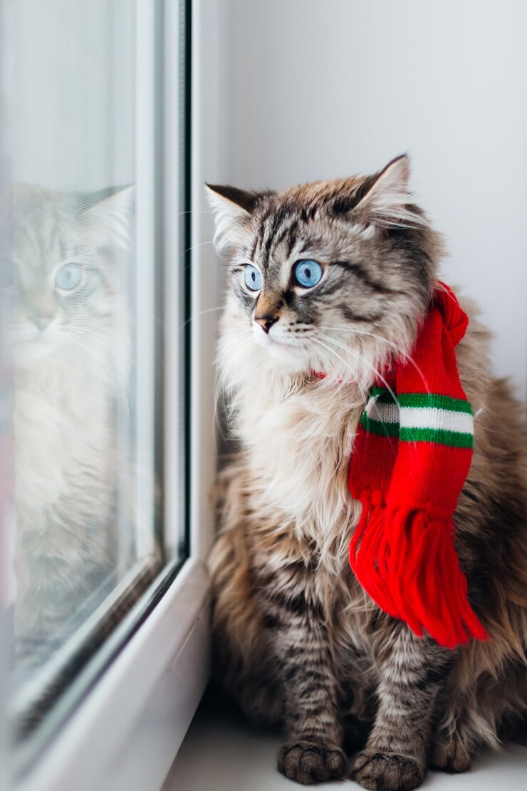 Foto gato com um lenço estiloso sentado no parapeito da janela