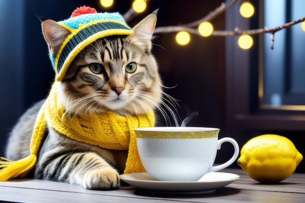 gato com uma chávena de chá criado com software de IA generativa