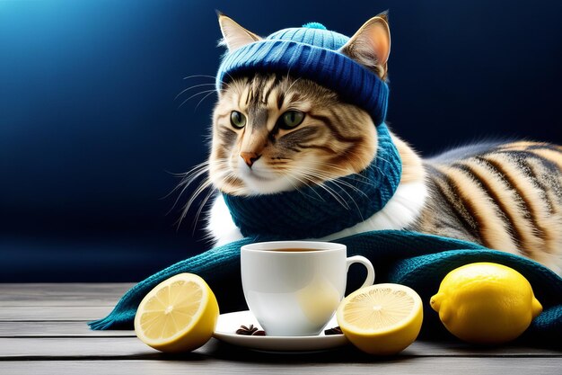 Foto gato com uma chávena de chá criado com software de ia generativa