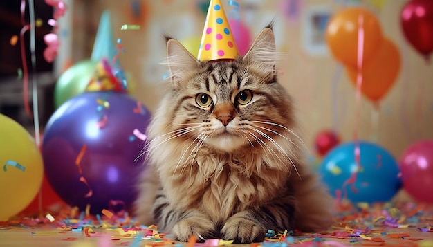 Gato comemorando seu aniversário com pedaço de bolo e chapéu de festa gato engraçado usando chapéu festivo Feliz