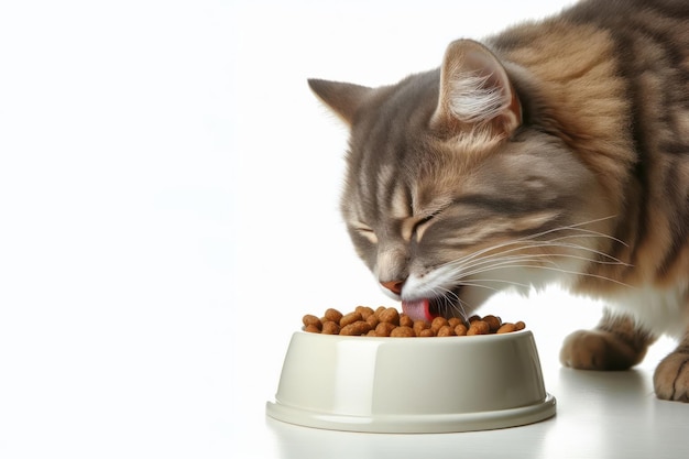 gato comendo comida de gato de uma tigela em um fundo branco