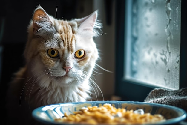 Gato comendo peixe e arroz em um prato