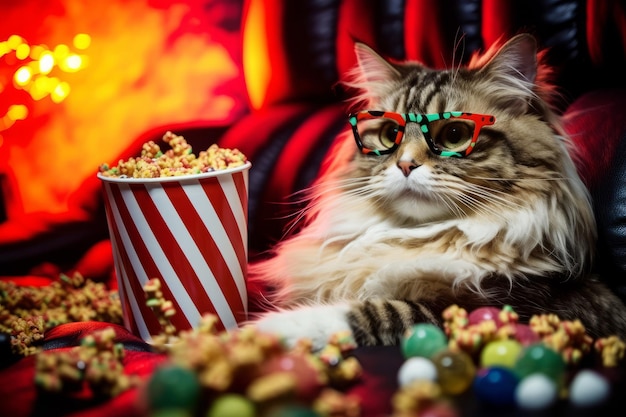 Gato comendo pipoca e vendo uma estreia emocionante de um novo filme no cinema