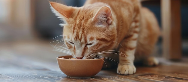 Gato comiendo de un cuenco en el suelo