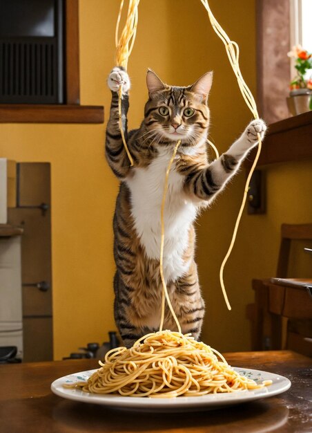 Foto un gato está comiendo espagueti en una mesa con un gato