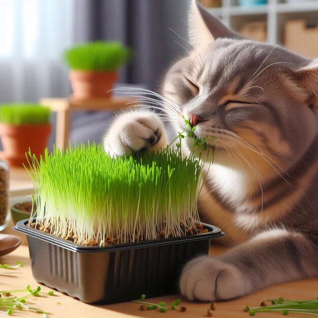 Gato comiendo hierba ecológica germinada de una maceta en casa