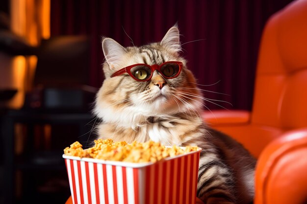 Gato comiendo palomitas de maíz y viendo un emocionante estreno de una nueva película en el cine