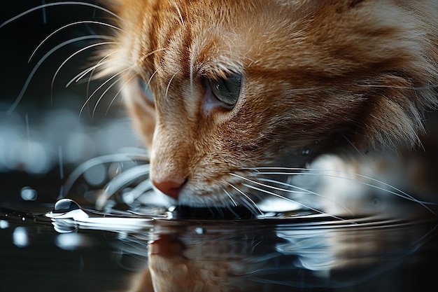 Foto un gato está comiendo de un plato que tiene un reflejo de él