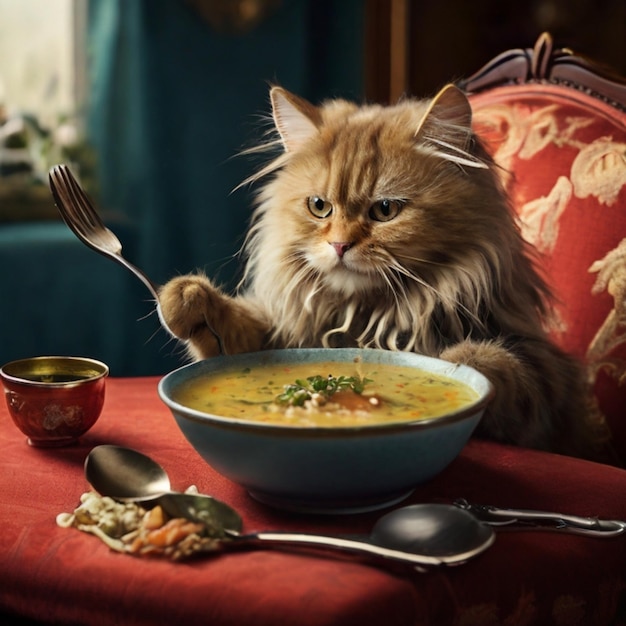 Foto gato comiendo sopa con un tenedor en un sofá