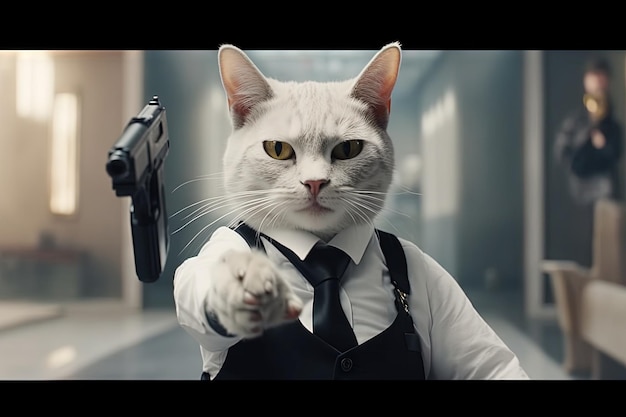 Gato como agente secreto em ilustração de filme de ação generativa ai