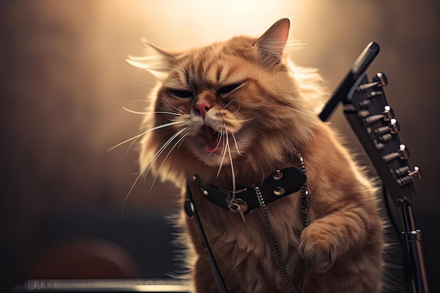 Gato como estrella de rock tocando la guitarra y cantando en el escenario creado con ai generativo