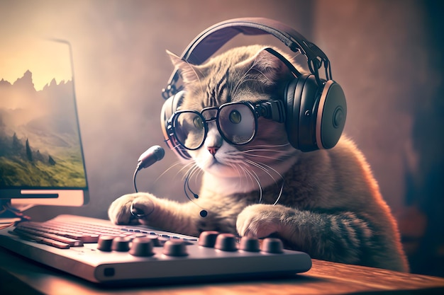 Gato como jogador de transmissão ao vivo de videogame usa computador pc  para entretenimento arte gerada por rede neural